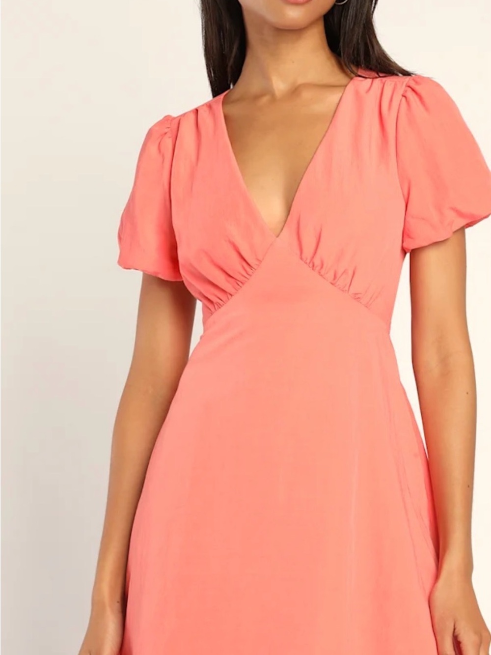 Lulus. Sweet and Soulful Coral Puff Sleeve Tie Back Dress With Pockets